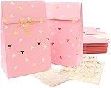 Paper Goodie Bags Pack of 24 - Party Favor Bags, Pink Treat Bags with Gold Foil for Parties, Baby Shower, Wedding and Bridal Showers, Stickers and Sealer Included