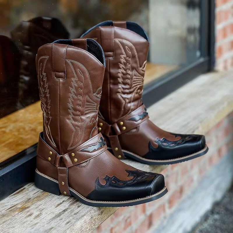 Image of Cowboy Boots for Men - Western Men's Boots with Classic Embroidered, Slip on Square Toe Boots, Slip Resistant Country Boots