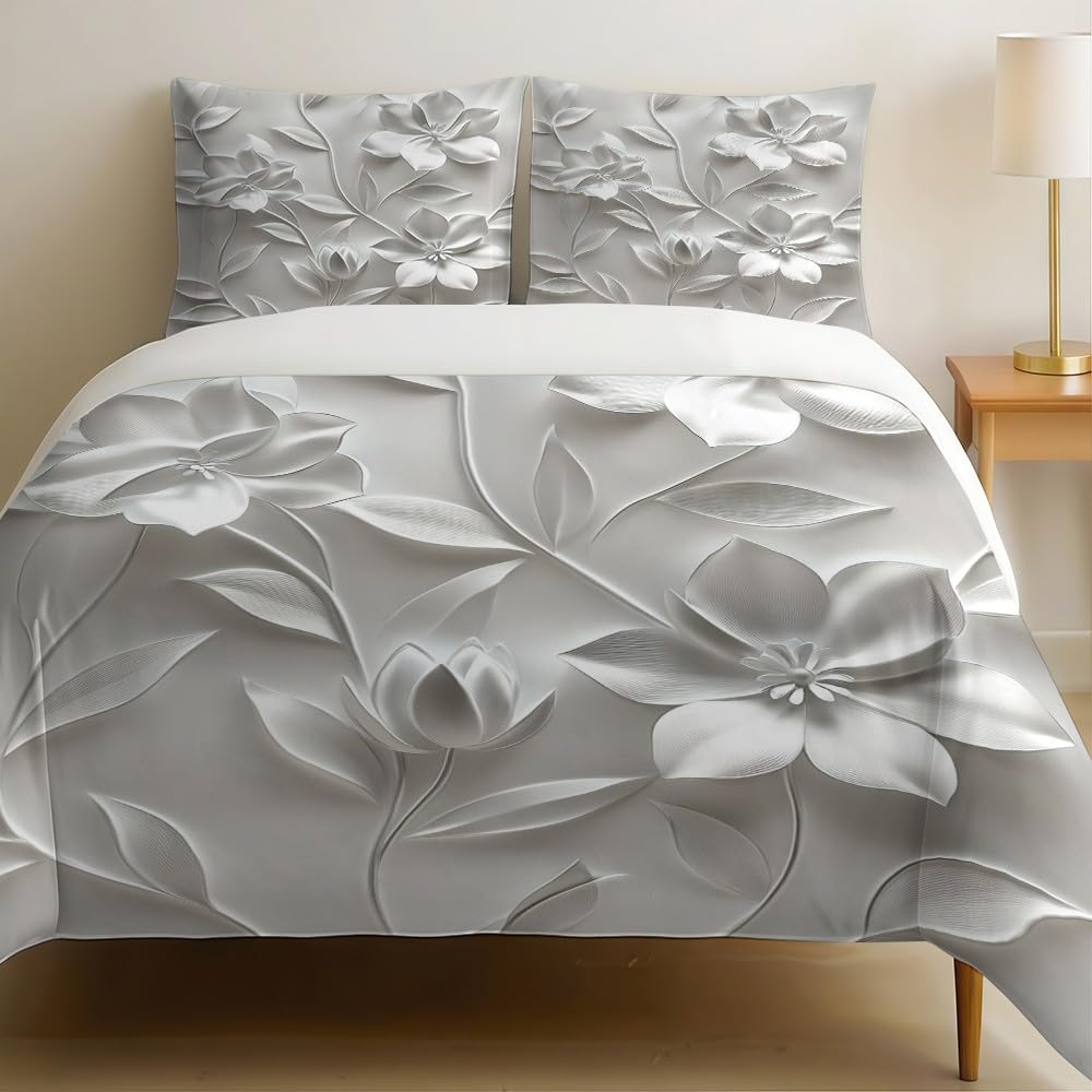Copripiumino 250 x 200 cm fiori di loto Set Biancheria da Letto 3 Pezzi in Microfibra Stampa sollievo Facile da Lavare, per Bambini e Adulti