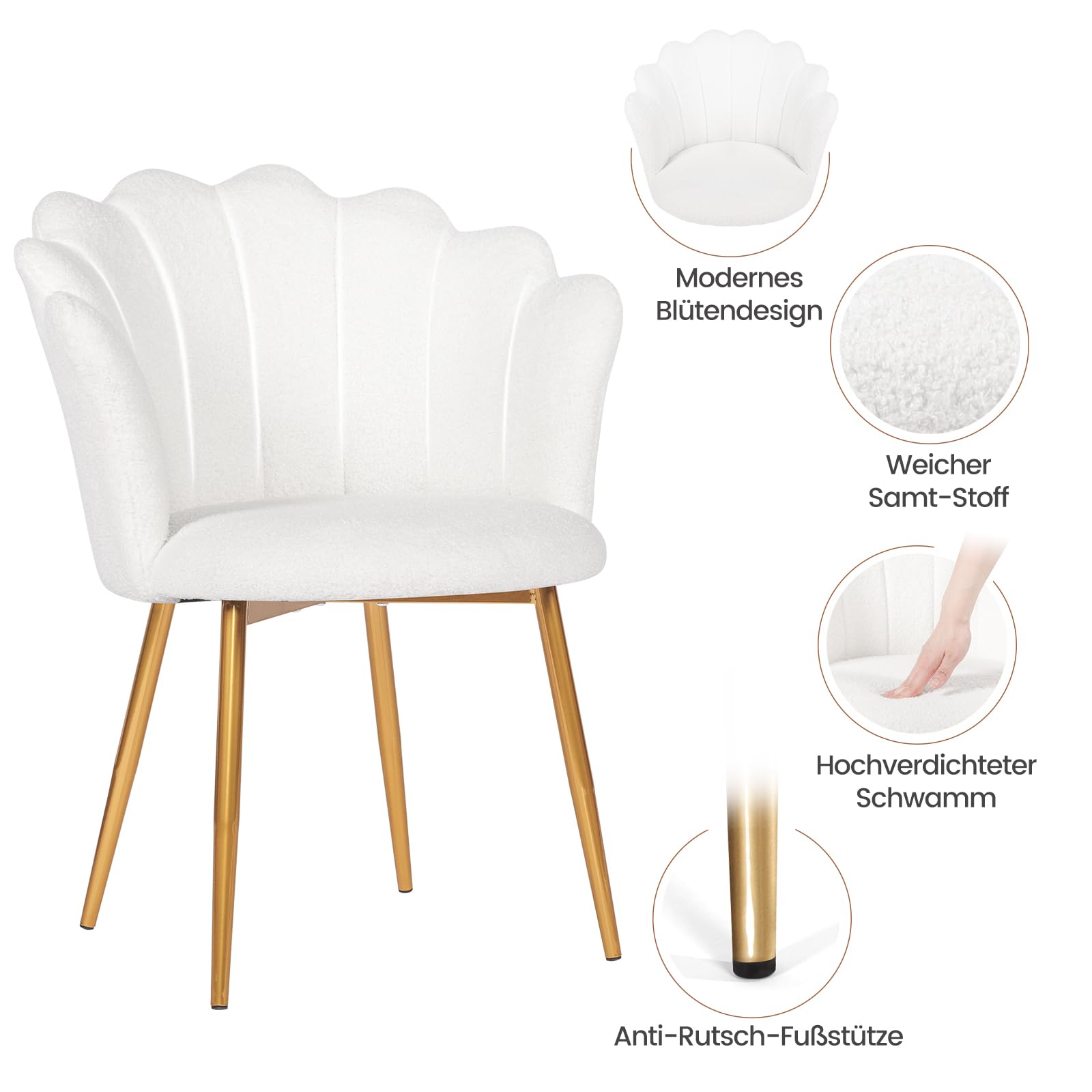 Chaise de Coiffeuse, Fauteuil en Tissu Bouclé avec Pieds Métalliques Dorés, Chaise Rembourrée pour Salon, Fauteuil Lounge Confortable, 62 x 56 x 79cm, Blanc