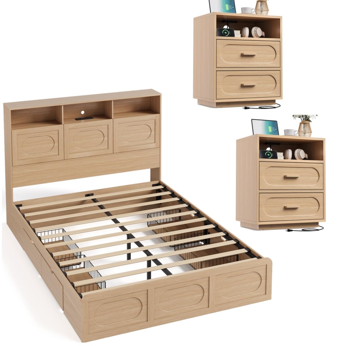 3 Pieces Bedroom Set, Queen Size Bed Frame with Storage Headboard, 2 Nightstands with Charging Station, Natural Oak