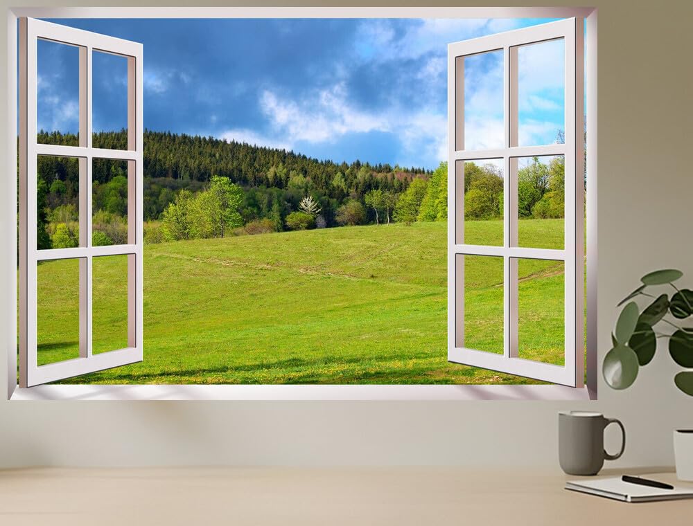 JVERF - JZZC35255 Nature Country Meadow Green Spring| Self-Adhesive Open Window Wall Sticker