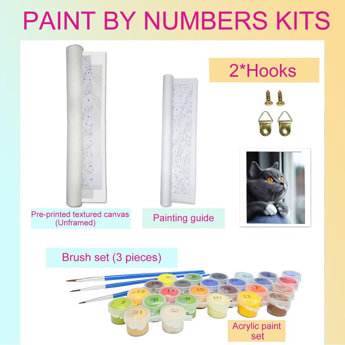 Dipingere con i Numeri Gatto, Paint by Numbers Adulti Animale, Fai da te Creativi Adulti Quadri da Dipingere Numerati Kit per Decorazione Della Parete di Casa, Regalo 70x95 cm Senza Cornice I8-L