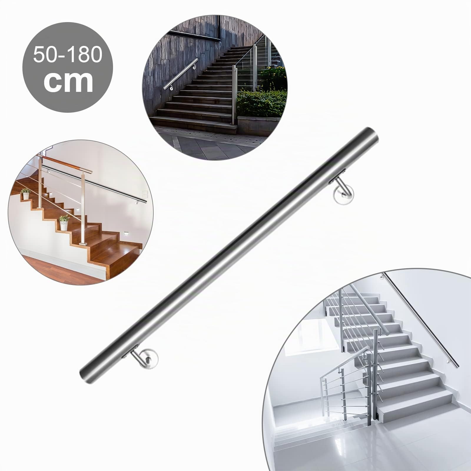 Gimisgu Pasamanos de acero inoxidable, pasamanos para escaleras, pasamanos de pared, escaleras para interiores y exteriores, barra con soporte y tapas, diámetro de 42 mm, longitud: 50 cm