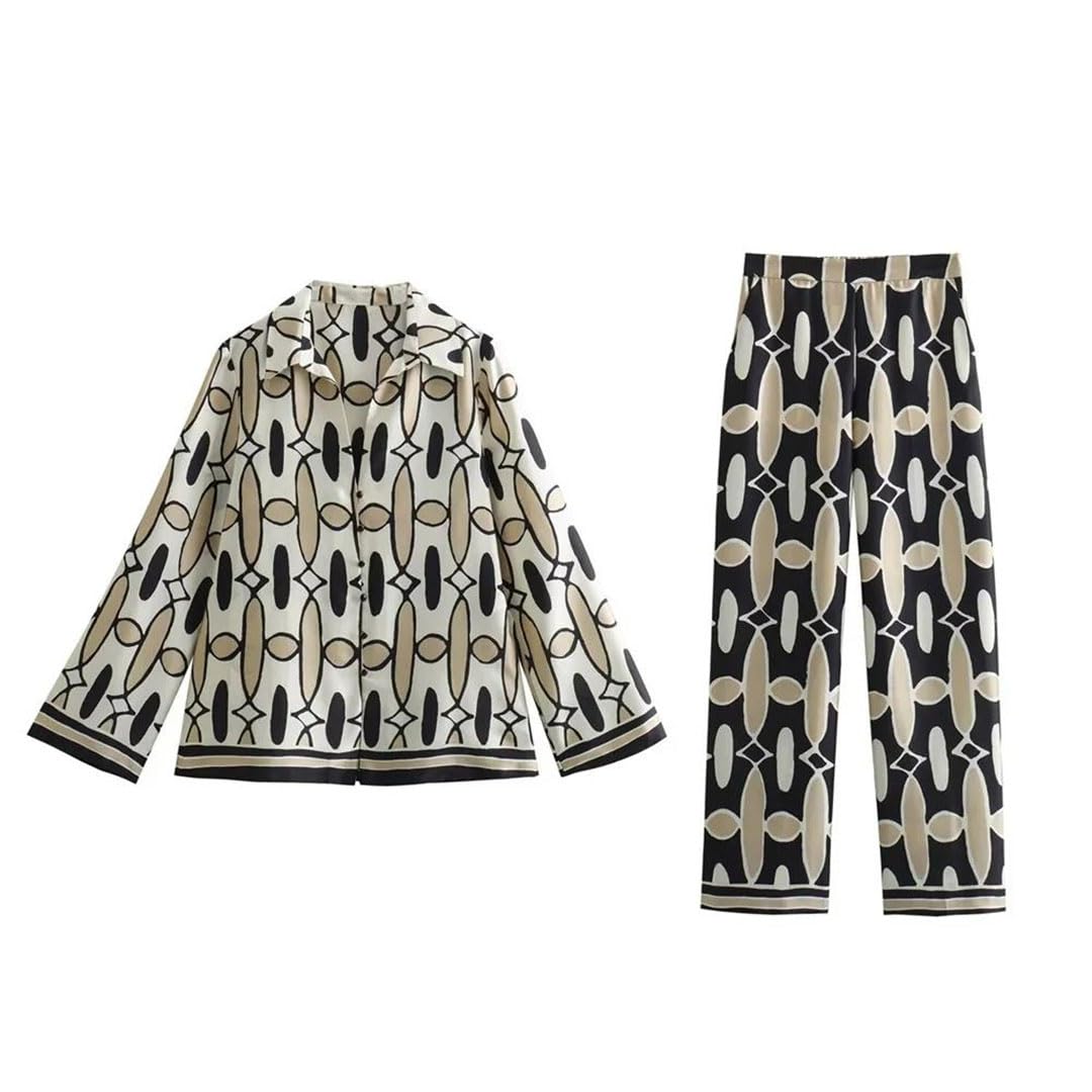 Primavera Donna Polo Collo Raso Texture Motivo Geometrico Stampato Camicia A Vita Alta Pantaloni Set