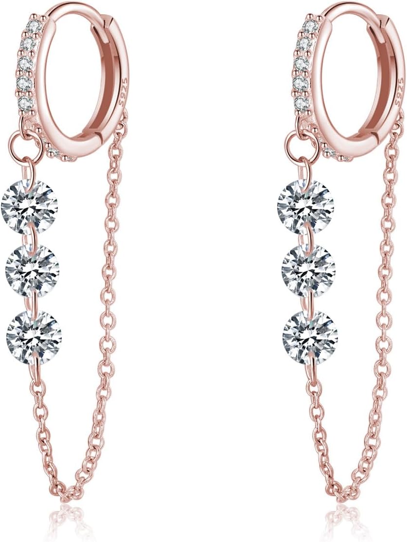 Reffeer Solid 925 Sterling Silver Chain Hoop Earrings Dangle for Women Teen Girls CZ Chain Drop Earrings