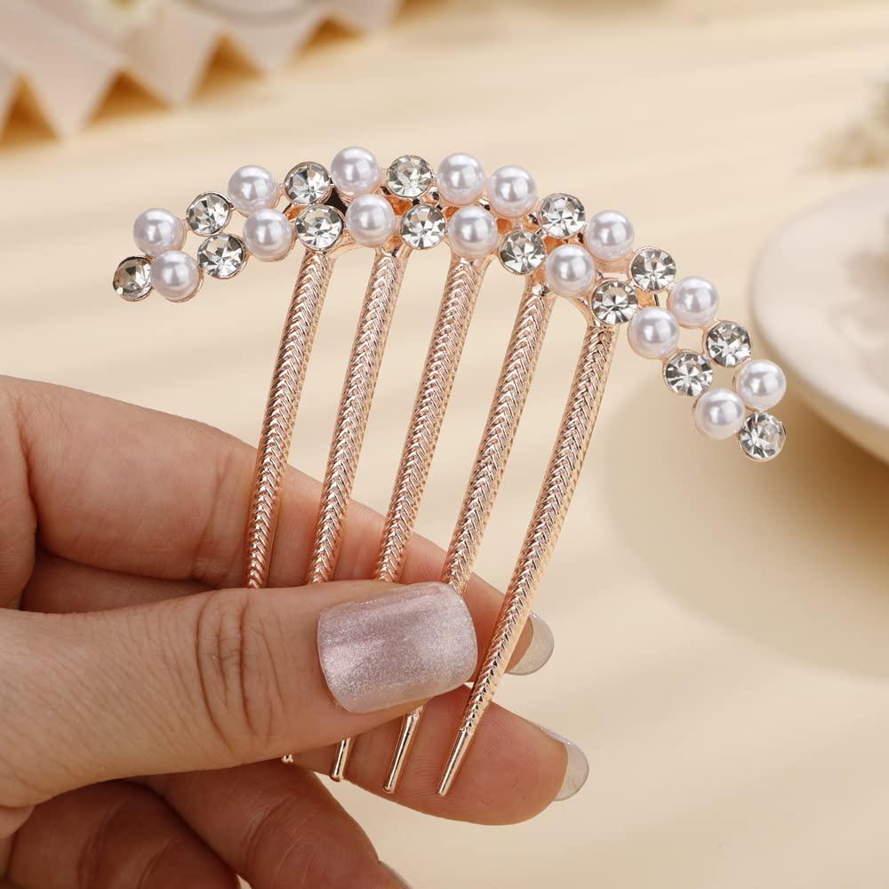 Missgrace Luxury Glitter Sparkly Crystal Rhinestones Pearls Gold Hair Side Combs Hairpins Barrettes Clips Hair Accessories for Women Girls (Color 1)