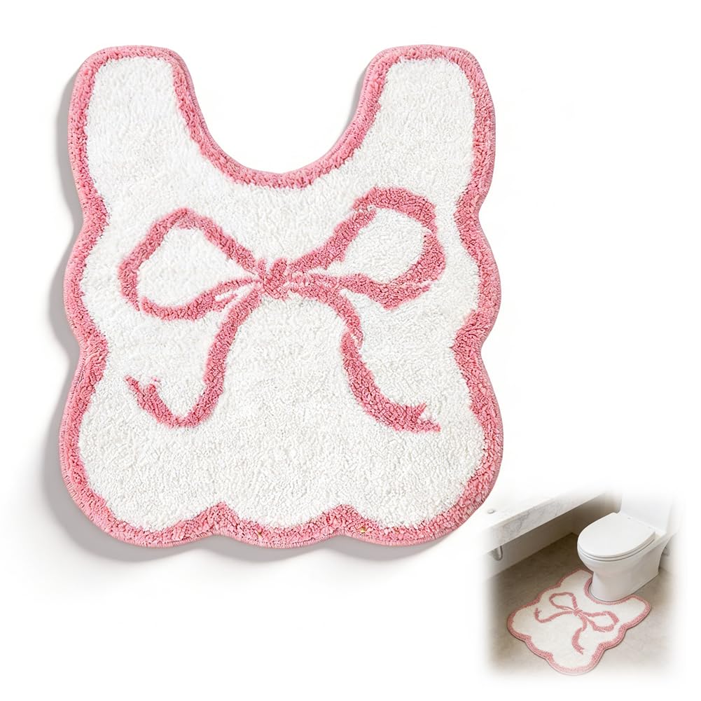Pink Bow Toilet Mats Pedestal Only,Soft Faux Cashmere Bowknot Pedestal Mat For Toilet,U-Shaped Pink Bathroom Accessories And Pinks Soft Bath Mat Suitable For Bathroom Toilets Base 40 * 50cm