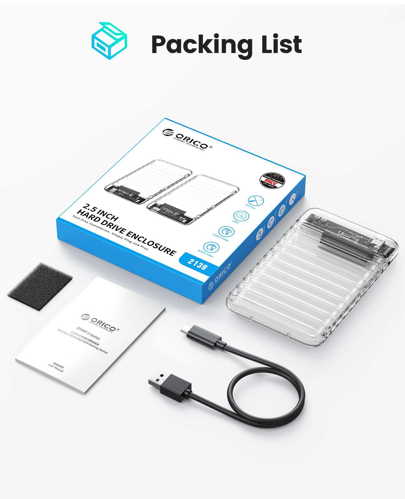 Obudowa na dysk twardy 2,5 cala USB C, ORICO 6Gbps Przezroczysta obudowa zewnętrzna dla 2,5 cala 7-9,5mm SATA I II III HDD/SSD, Obsługuje 6 TB, UASP, Bez narzędzi, Przenośna obudowa SSD z kablem USB