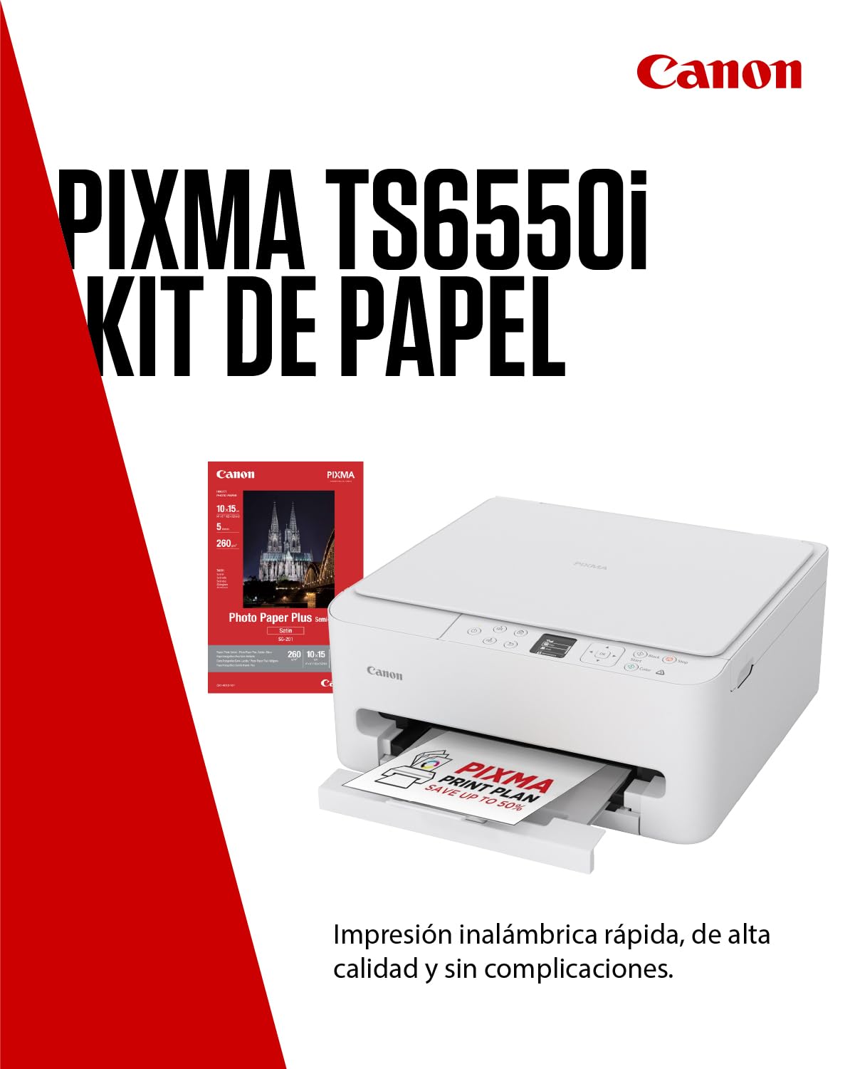 Canon PIXMA TS6550I - Impresora Todo en Uno con Conectividad Wi-Fi y Pantalla OLED de 1,42 PIXMA Print Plan - Incluye Papel Fotográfico A4 SG-201, 5 Hojas