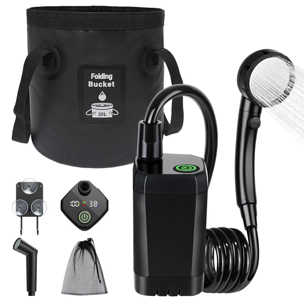 CEWROM 2026 Upgraded Portable Camping Shower Completo Set 6000 mAh Doccia da campeggio con pompa e indicatore di temperatura, Multi Modes Spray Head & 5 Gal Water Foldable Bucket for Outdoor Travel
