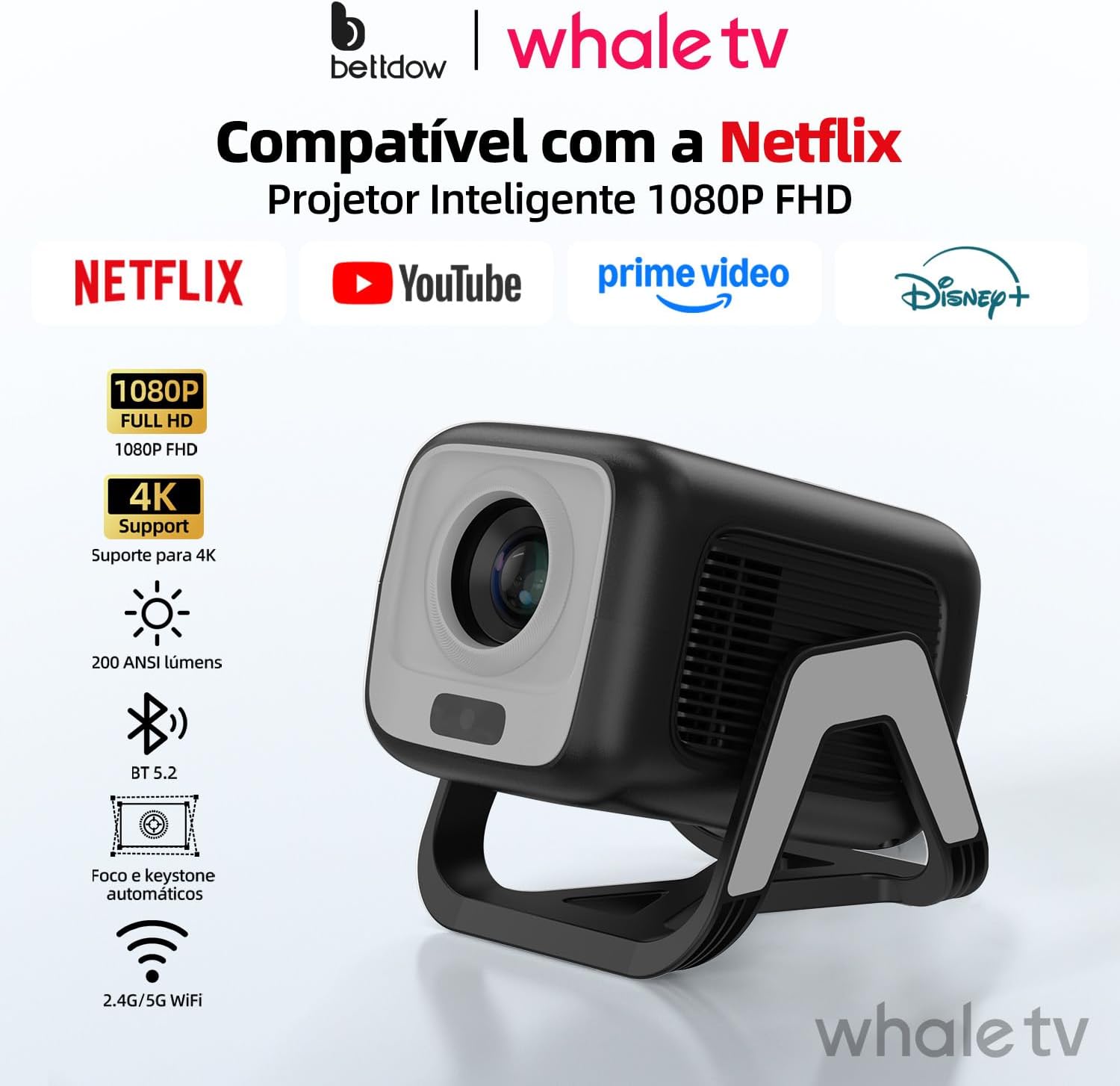 Bettdow Projetor 4k [Netflix-Licensed], Projetores Portatil 12000 Lumens Full Hd 1080p Compatível Com Android 13, HDR10+ Retroprojetor WiFi 6 BT 5.2, Keystone automático, Foco Automático (preto)