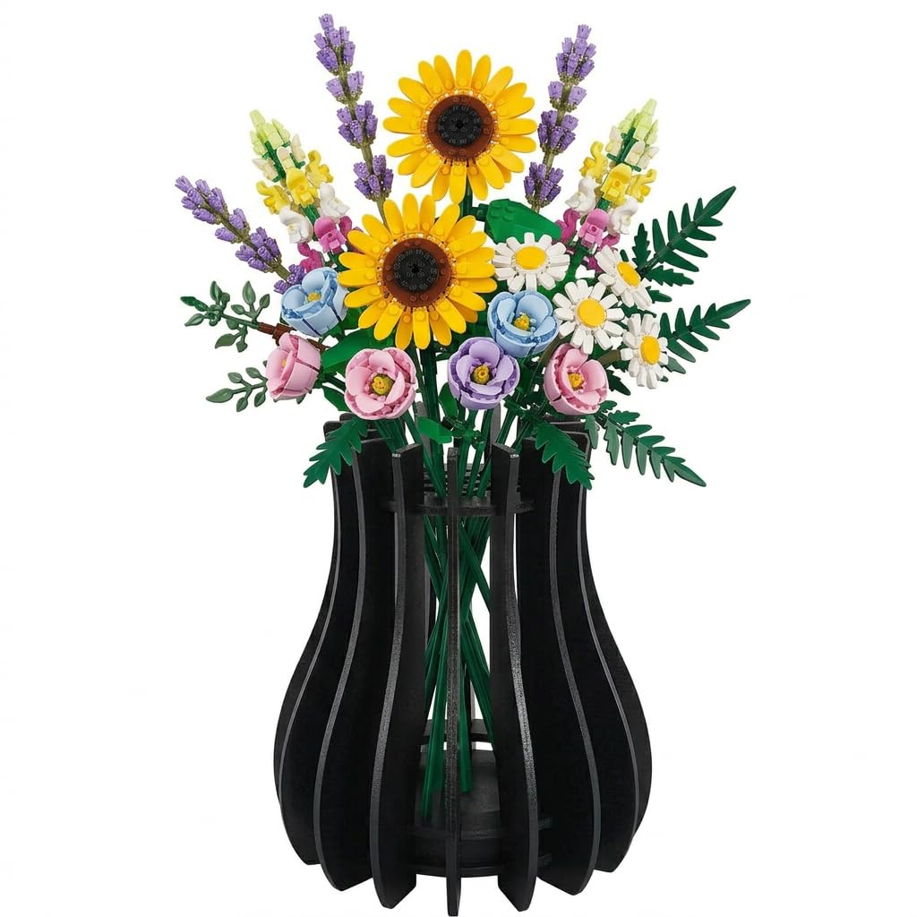 Vase for Lego Flowers Bouquet, Wooden Puzzle Holder Display Stand for Lego Roses Botanical Collection Roses, Orchid, Tulips Building Kits, Unique Home Decor Gift for Flower Lovers(Black)