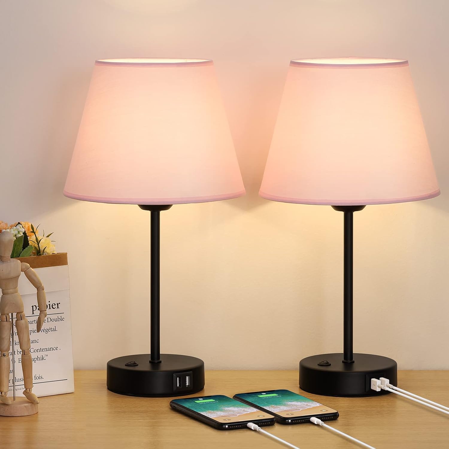 Table Lamps with USB Ports, Nightstand Lamps Set of 2 with Fabric Shade for Bedroom Living Room Dorm Office
