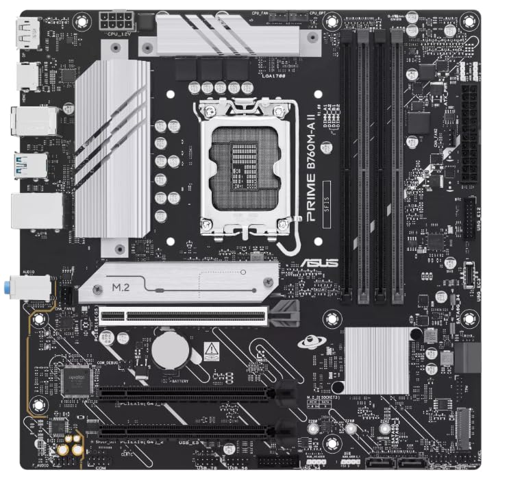 ASUS Prime B760M-A II-CSM mATX-Mainboard (LGA 1700, DDR5, PCIe 5.0, Zwei M.2-Steckplätze, Realtek 2.5Gb Ethernet, DisplayPort, HDMI, SATA 6 Gbps, USB 10Gbps Type-A, USB 5Gbps Type-C, Aura Sync)
