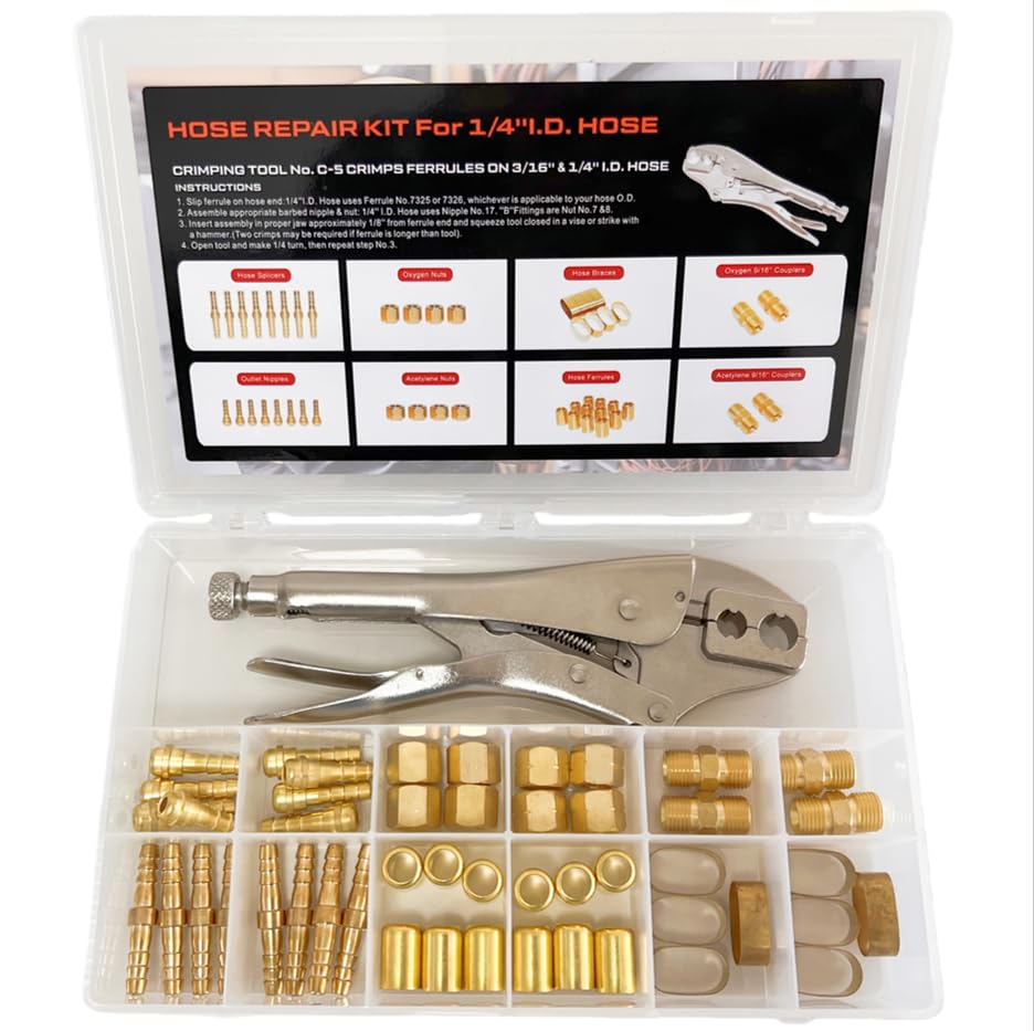 Yechentian 49 Pieces Torch Hose Splicer & Repair Kit Durable Crimper Brass Couplers Nipples Nuts Ferrules with Storage Box for 3/16 to 1/4 ID Welding Hose Oxygen Acetylene Pipe Use