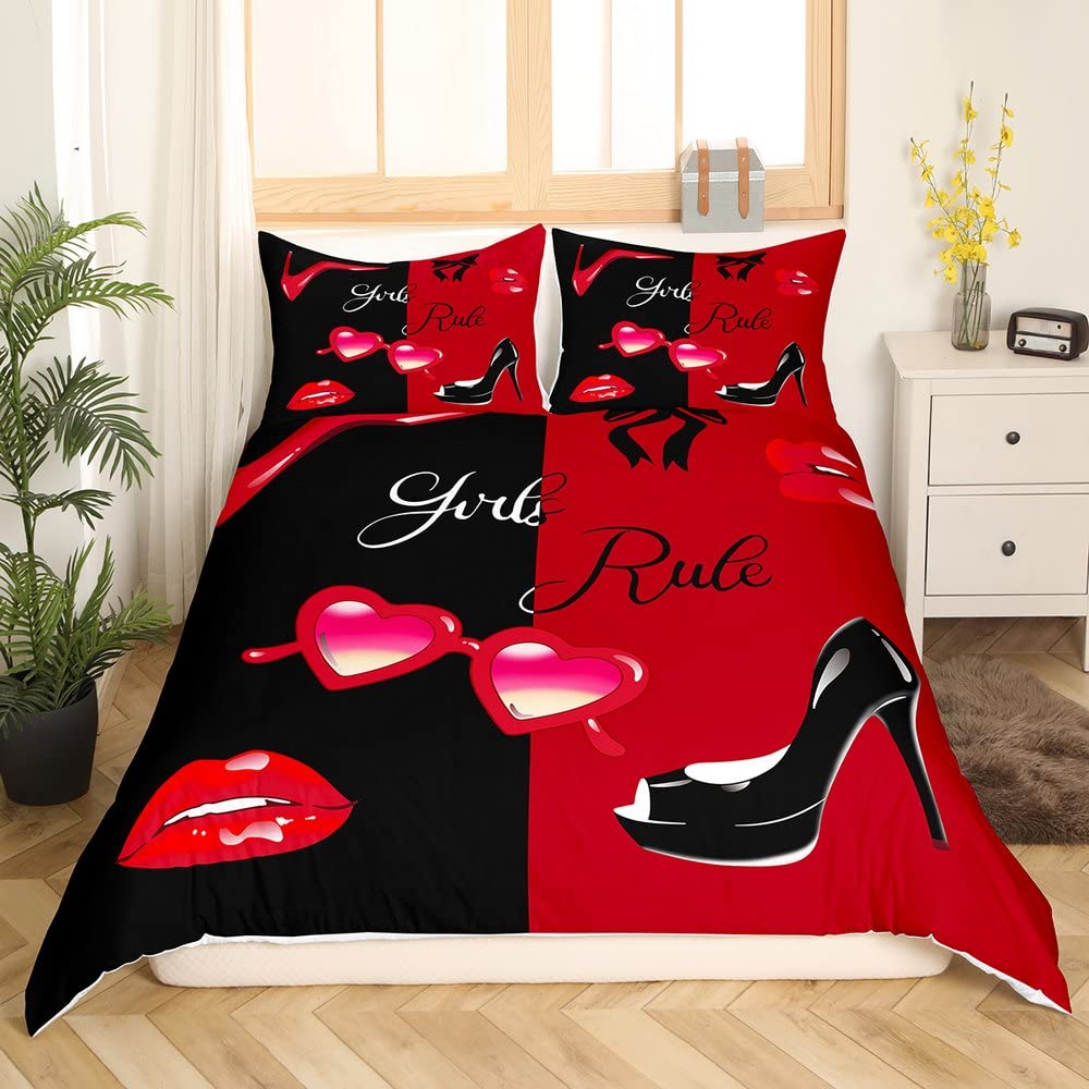 Hochzeit, Thema, Bettbezug, Mode, Damen, Make-up, Bettwäsche, 220 x 240 cm, sexy Lippen, rot, schwarz, romantisches Paar, Valentinstag