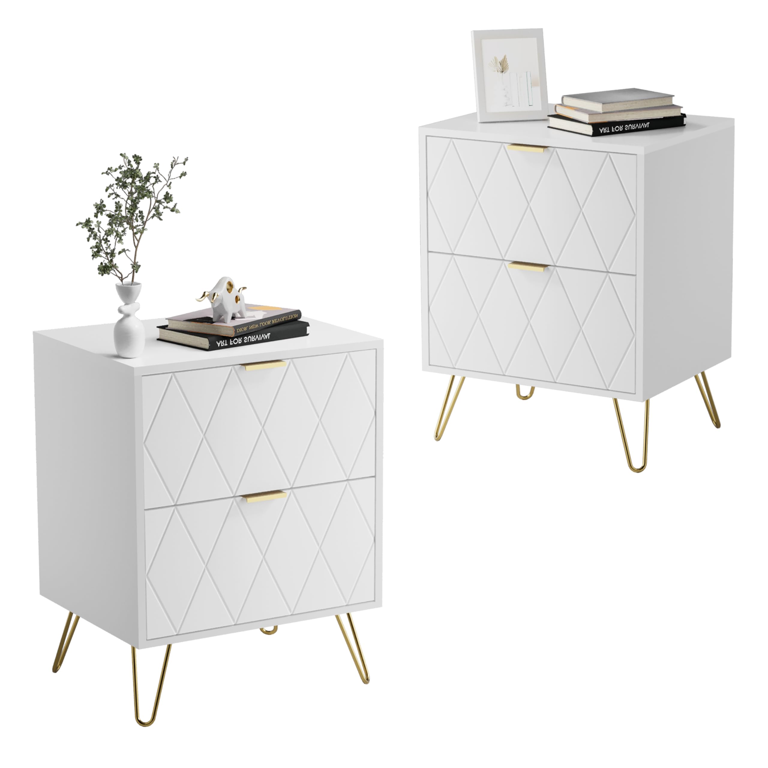 UEV Comodino Bianco Set di 2, Tavolini con 2 Cassetti in Legno ingegnerizzato Robusto, Comodino Piccolo Moderno con Maniglie e Gambe in Oro Cromato per Camera da Lett, 40 x 30 x 52 cm, Bianco