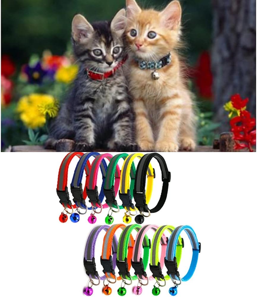 Cat Collar with Bell – 12pcs Mixed Colors Reflective Collars for Cats or Small Dogs, Soft Nylon, Neck 7.8″ – 13″