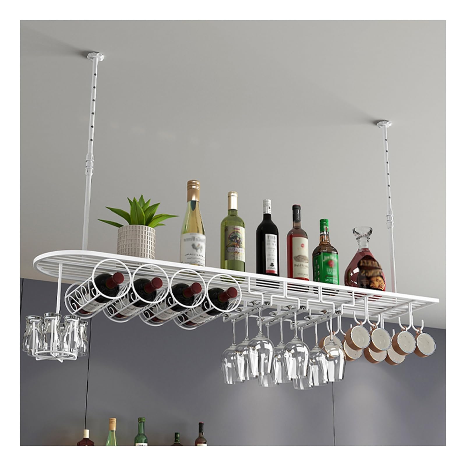 Support à verres à vin suspendu et réglable blanc, étagère cuisine 60x25 cm