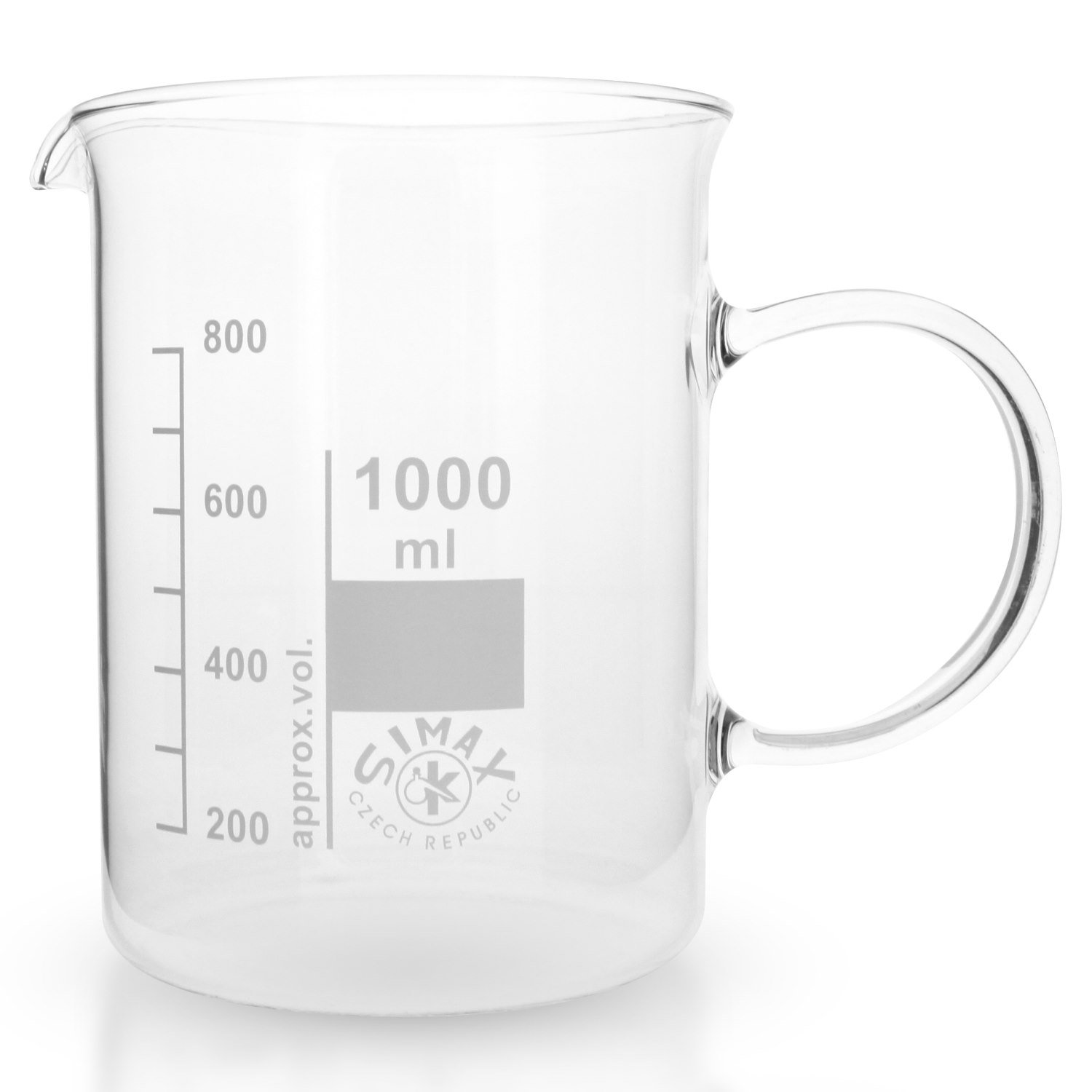 10x Becherglas 1000ml aus hitzefestem Borosilikatglas, Niedrige Form mit Henkel und Ausguss