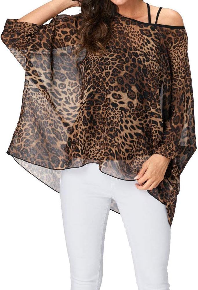 Rokou Women Chiffon Blouse Floral Batwing Sleeve Beach Cover Loose Tunic Shirt Tops - Image 2