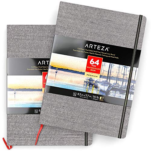 Arteza Watercolour Sketchbook, Pack of 2, 21 x 29.7 cm, 64 Pages per Journal, 230gsm, Linen Bound, with Bookmark Ribbon and Elastic Strap, Art Supplies for Watercolour Techniques and Mixed Media