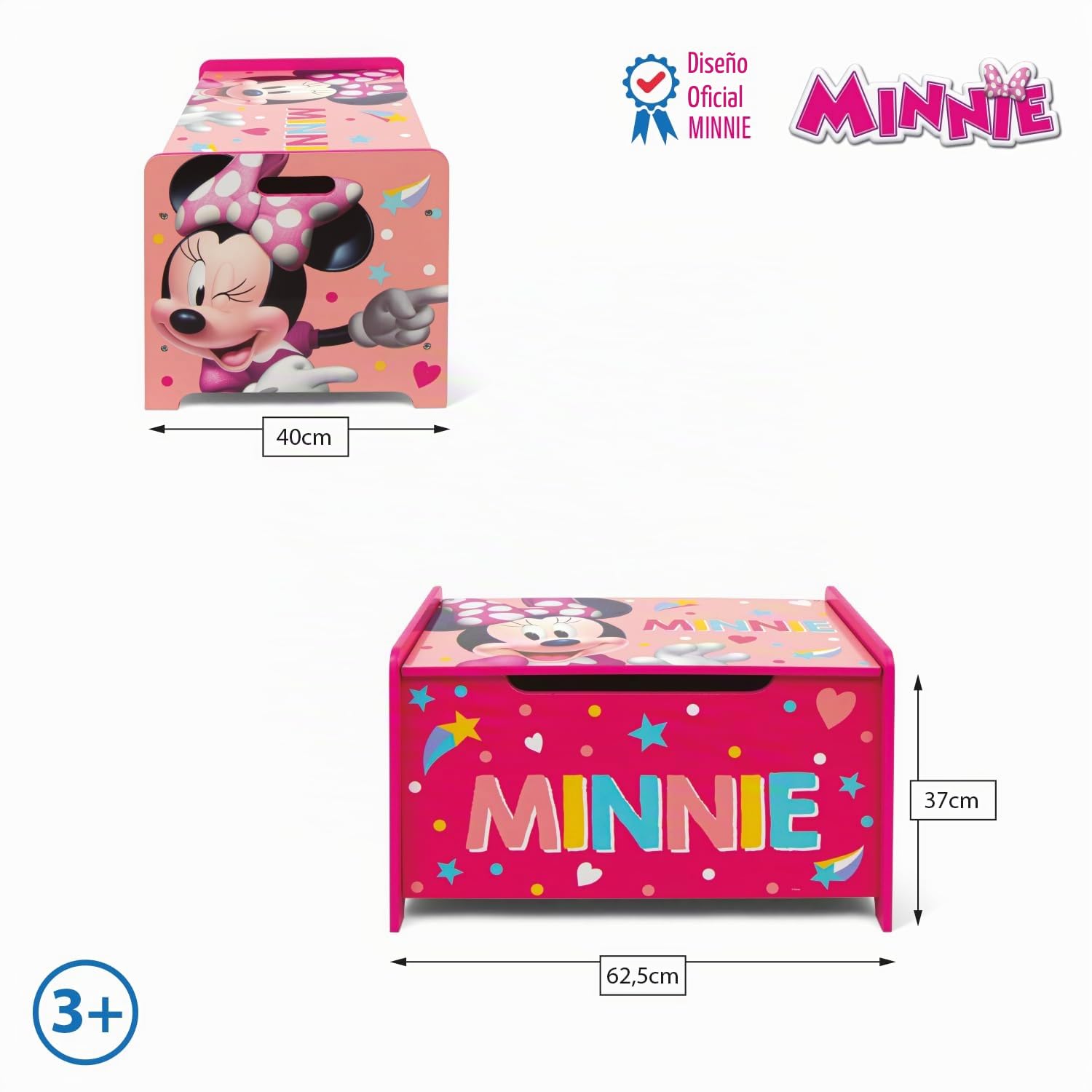 ARDITEX - Banco juguetero de madera de Minnie Mouse Licencia Oficial Disney - 62.5x40x37cm - Color rosa y blanco - Ideal para almacenar juguetes, ropa o cosas en un dormitorio infantil