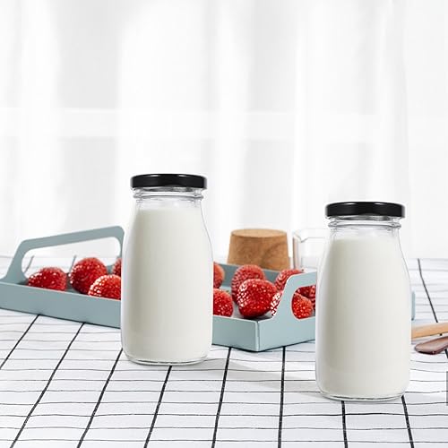 Miniatura 4 de Luxshiny 4 botellas de leche de vidrio transparente con tapas herméticas de metal, botellas de 6.8 fl oz, contenedor de batido para desayuno,