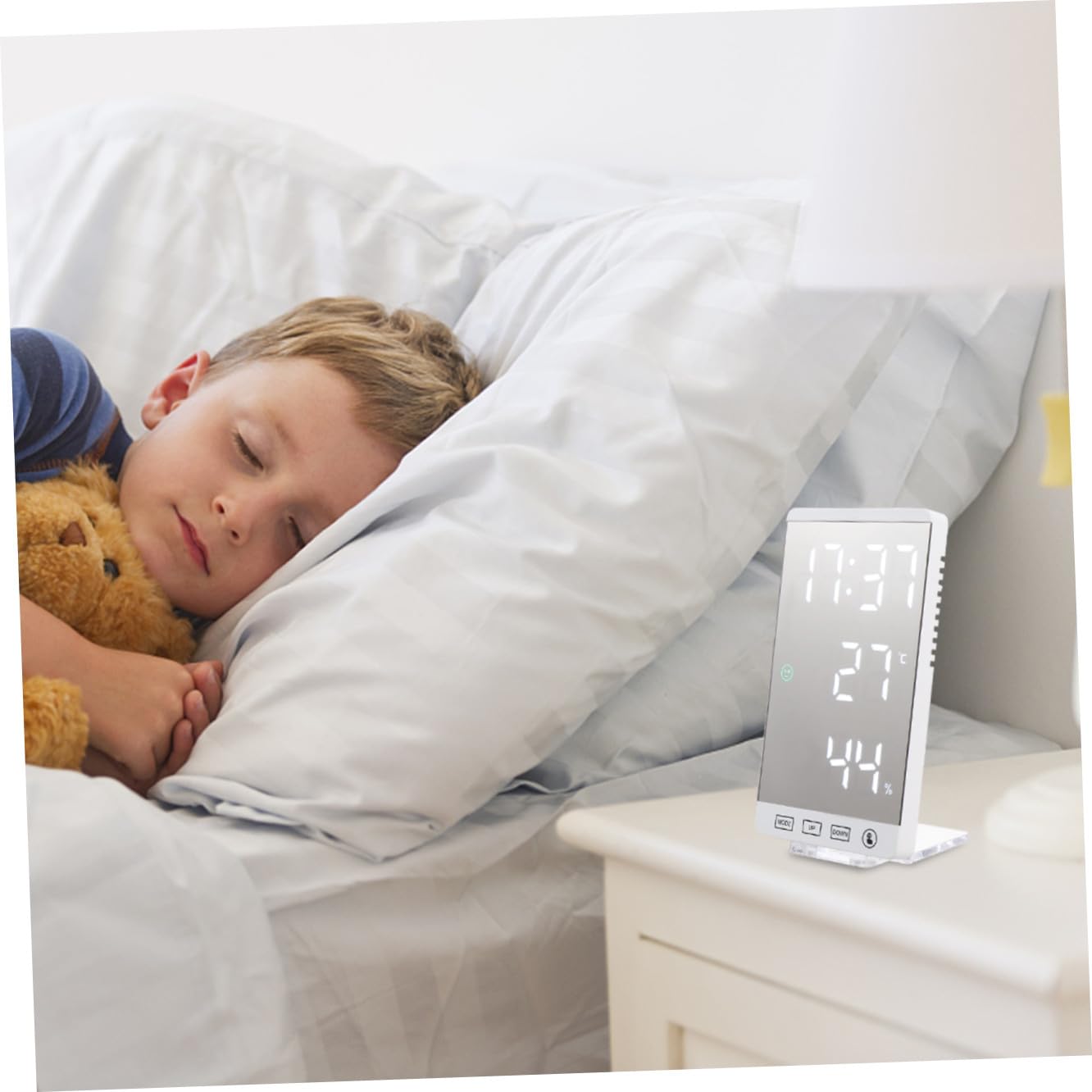 PRETYZOOM Reloj Digital Sobremesa Pantalla de Temperatura y Espejo LED | Abs Blanco, Sensor Integrado, Funcionamiento Silencioso, Uso en Dormitorio y Mesa