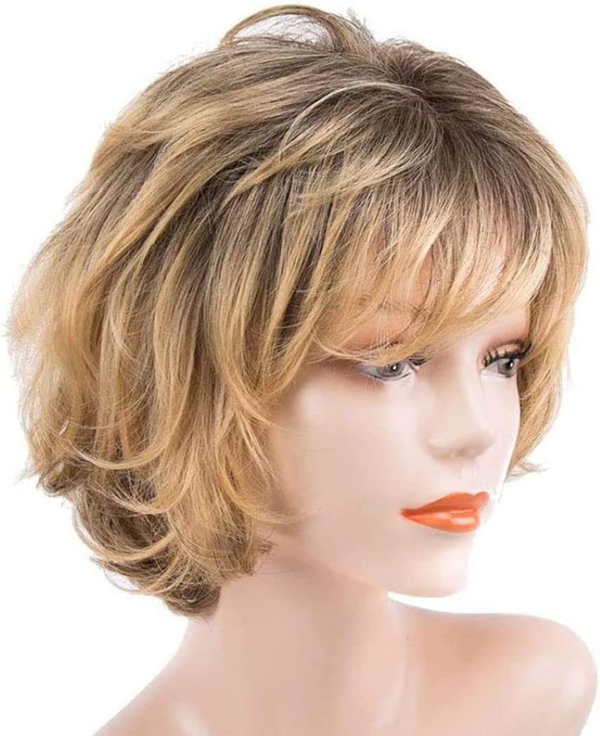 Encantadora peluca sintética para mujer, pelo corto, pelo dorado, resistente al calor, peluca de repuesto, resistente al calor, disfraz, cosplay, fiesta, pelucas (Oro degradado)