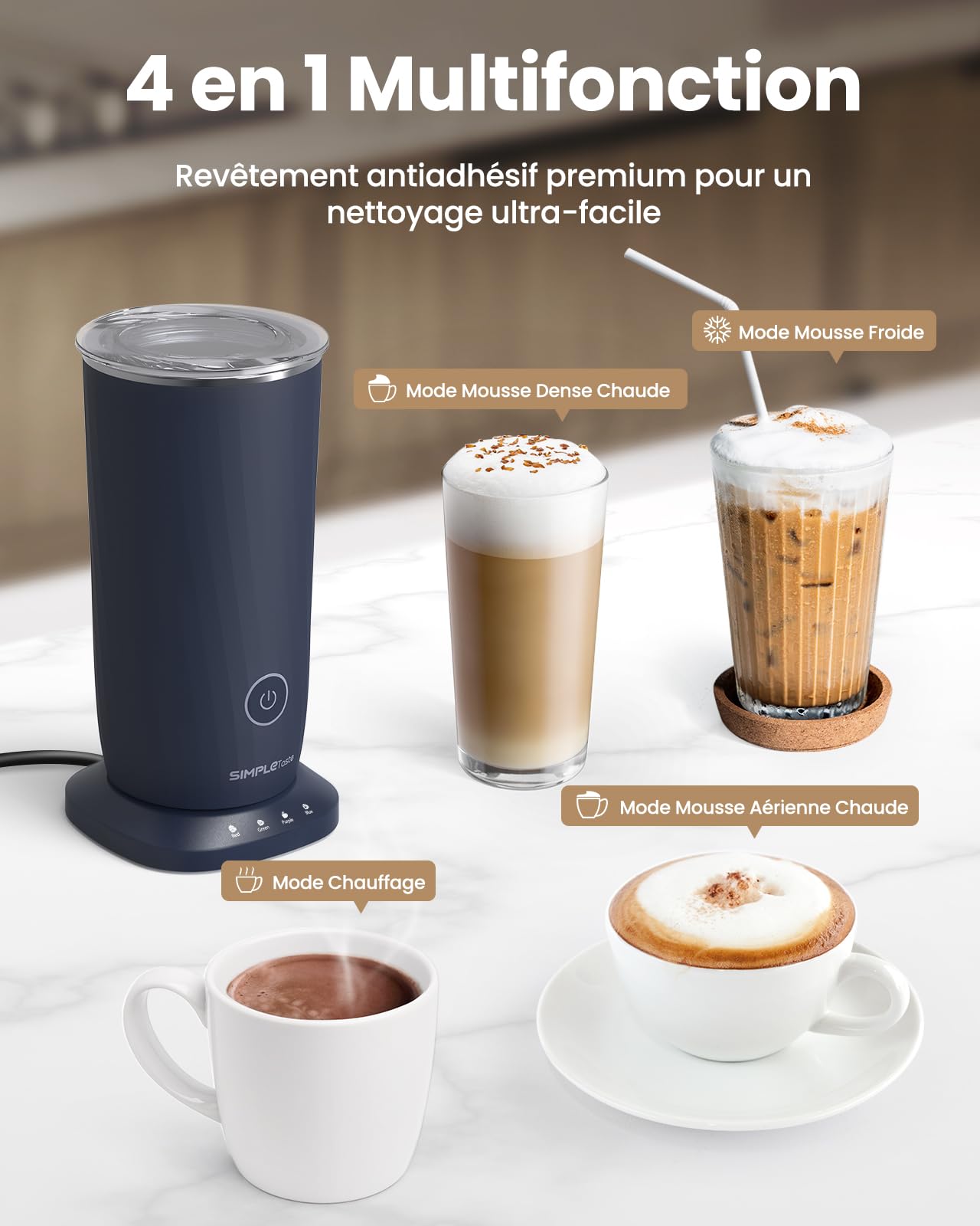 SIMPLETASTE Mousseur à Lait Électrique 4-en-1 Mousse Chaude & Froide Chauffage du Lait & Cacao Revêtement Antiadhésif Arrêt Automatique Silencieux pour Cappuccino & Latte Bleu Foncé