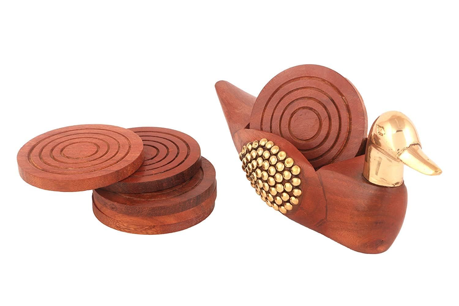 NazmiCrafts Wooden & Brass Duck Coasters for Dining Table, Coffee Mugs Beer Cans Bar Water Glasses and Tea Coaster for Cups Set of 6 with Stand, Pack of 1
