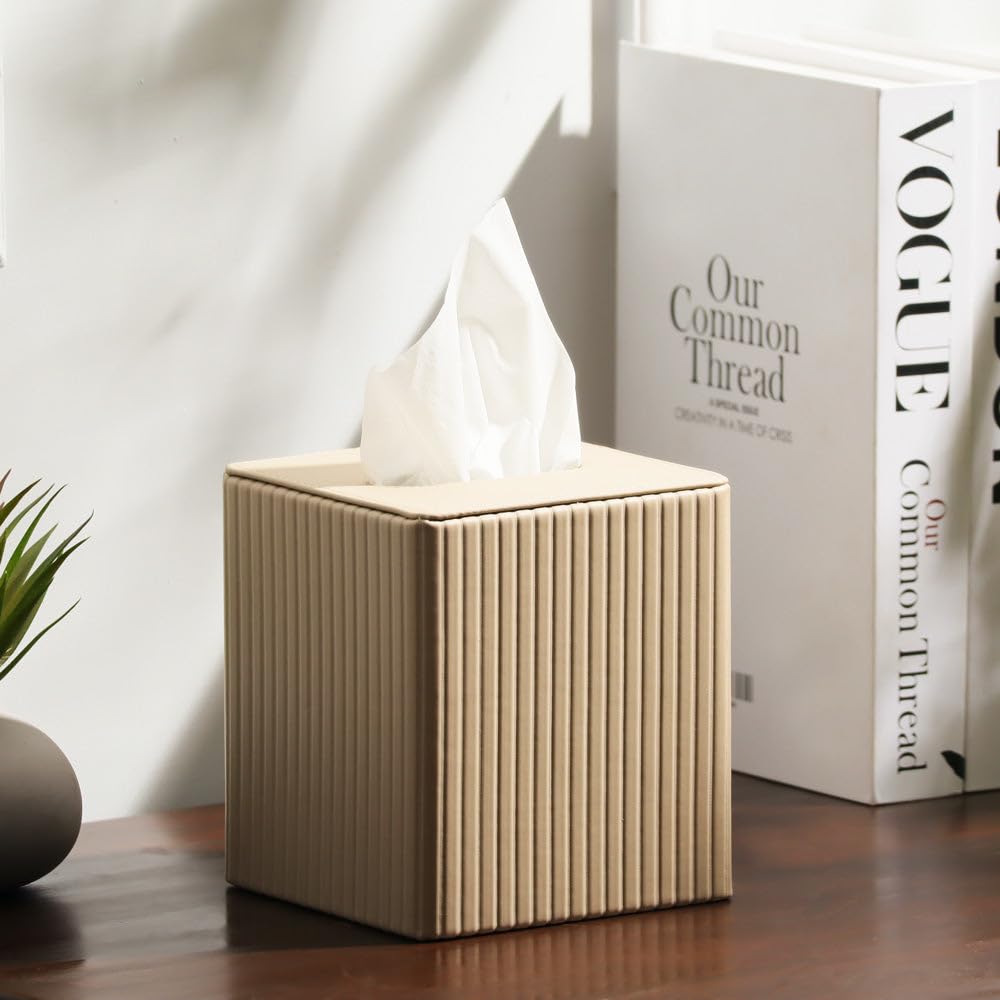 Columns Square Tissue Box Holder | PU Leather Material | Facial Tissue Holder for Bathroom Home Office Car| Textured Finish Paper Tissue Holder | Easy to Refill with Bottom Opening - Taupe — Amazon image 4