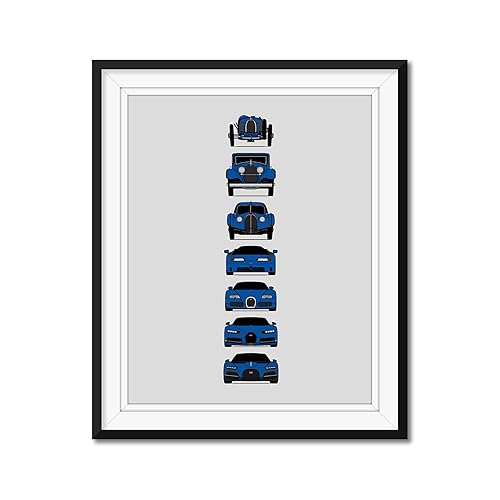 Bugatti Generations Inspired Car Poster - Handmade Print of Best of Bugatti Type 35 Type 41 Type 57SC EB110 Veyron Chiron - Blue 11x14 Metallic