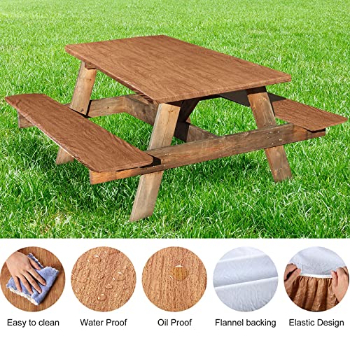 3 Pieces Vinyl Picnic Table And Bench Fitted Tablecloth Cover 78" X 35" Waterproof Elastic Table Cover Flannel Backed Table Cloth Rectangular Fitted Cover For Table (Wood Grain Pattern) #TOP2