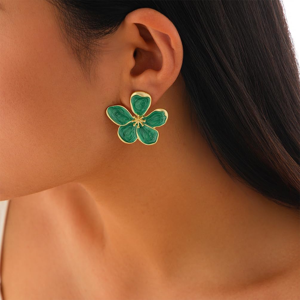 Charm Big Gold Flower Stud Earrings for Women, Delicate Statement Large Silver Green Floral Earring Dainty Holiday Party Y2K Jewelry Gift Accessories - Image 3