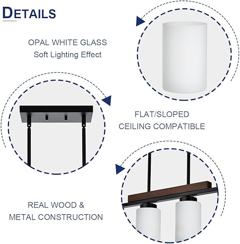 Miniatura 7 de TODOLUZ Lámpara colgante negra para isla de cocina, 4 luces con marco de madera y pantalla de cristal blanco ópalo, candelabro lineal para comedor