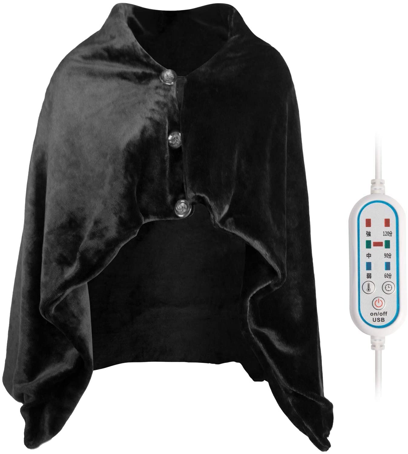 Manta eléctrica de felpa USB con 3 niveles de calor 3 ajustes de temporizador, capa cálida para hombros y cuello, color negro