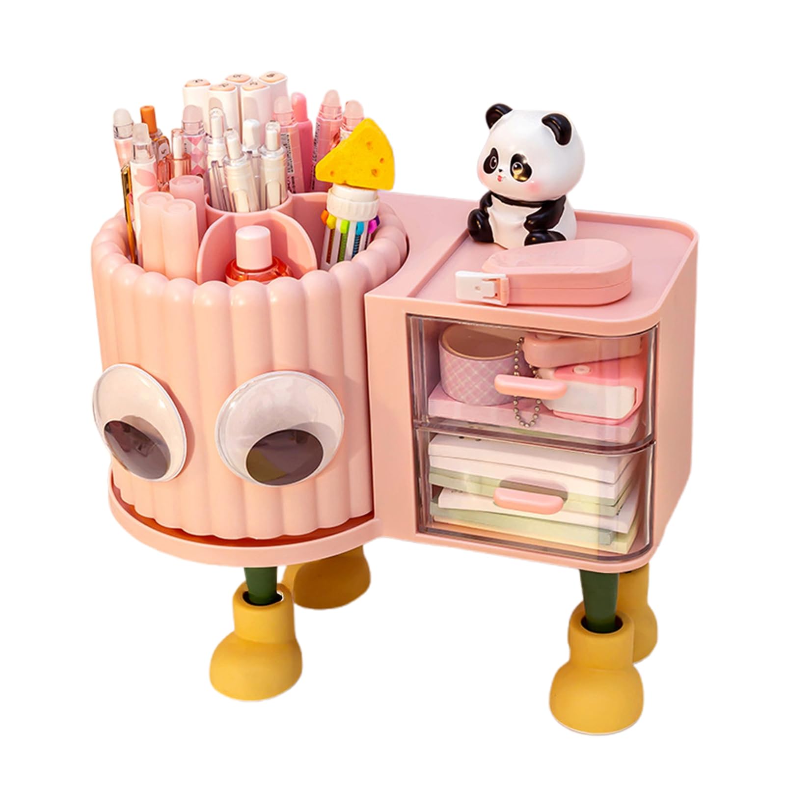 Glifora Cute Rotating Pen Holder with Drawer - 2-in-1 Large Capacity Desktop Organiser for Kids and Girls, Multifunctional Storage and Sorting Box