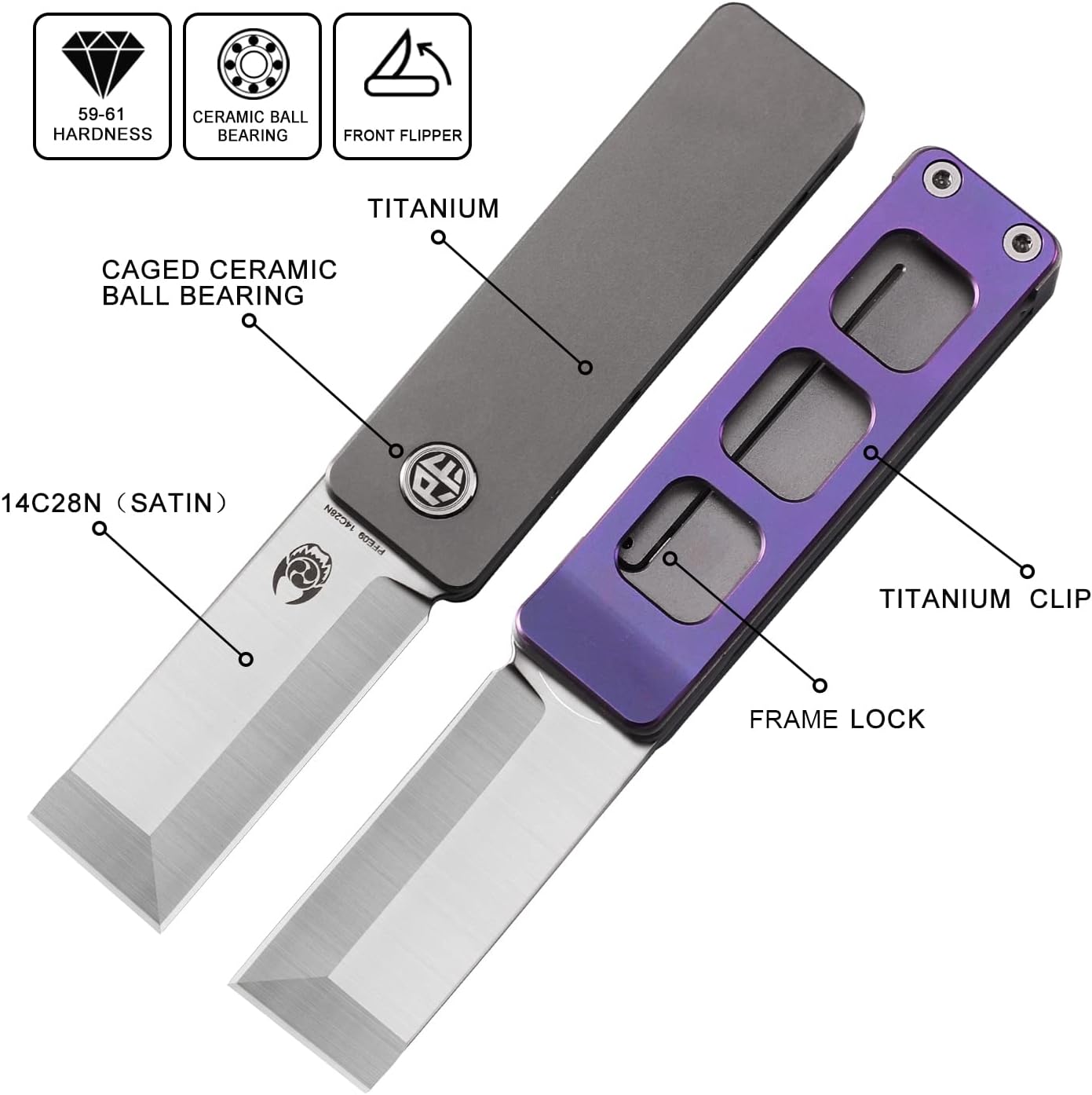 Petrified fish PFE09 Cash Folding Knife,1.81" 14C28N Satin Blade, 1.69oz Titanium Handle Front Flipper Pocket knife for EDC (Purple)