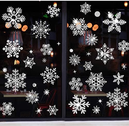 Christmas Window Cling Stickers, 147 Pcs Reusable Christmas Window Decals Snowflake Window Clings Decoration Static PVC Self Stickers for Thanksgiving Xmas Display, Home Decor, Party Supplies, 4 Sheet