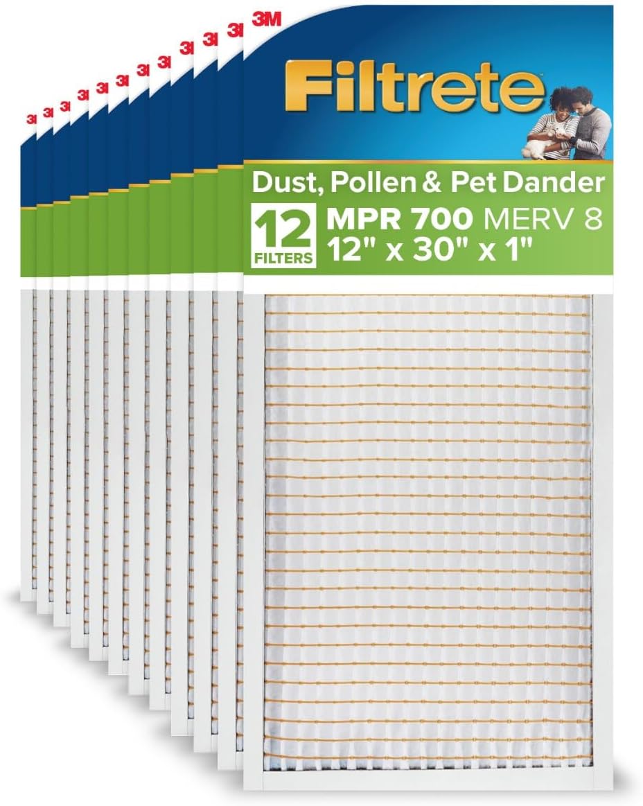 Filtrete 12x30x1 AC Furnace Air Filter, MPR 700, MERV 8, Tough on Pollen, Easy on Airflow, 3-Month Pleated 1-Inch Electrostatic Air Cleaning Filter, 12-Pack (Actual Size 11.81 x 29.81 x 0.81 in)