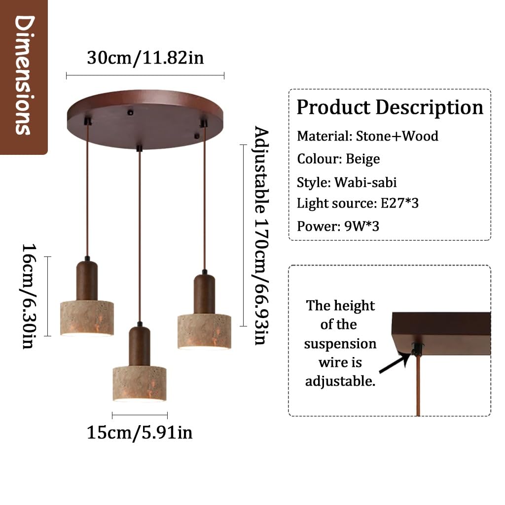 Lampa Wisząca E27 Z Naturalnego Kamienia W Stylu Skandynawskim Lampa Wisząca W Stylu Retro Z Drewna Stylu Japońskim Wabi-sabi Nadaje Się Do Sypialni Salonu Jadalni Wyspy Kuchennej(D2)