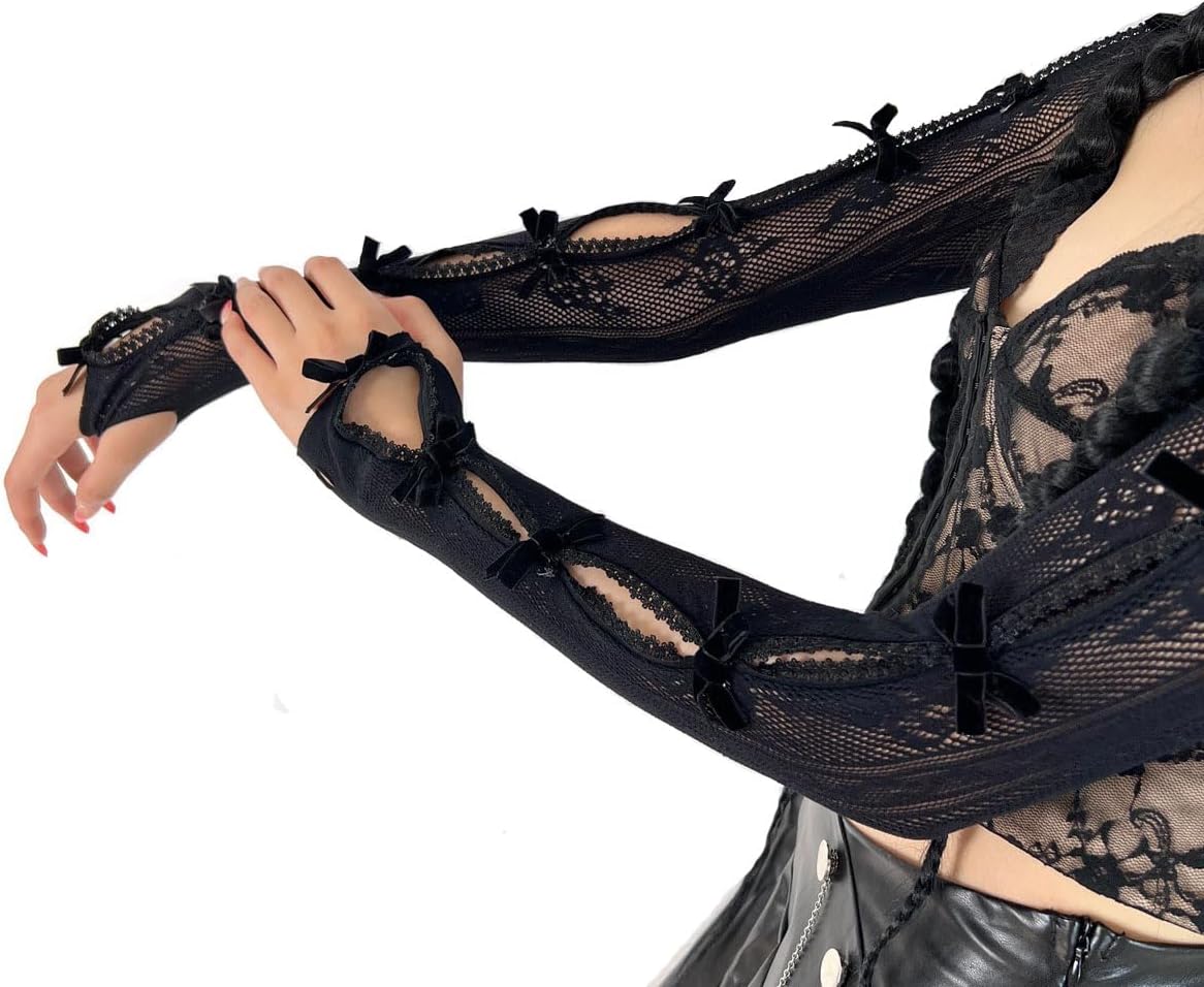 Women's Mesh Lace Shrug Crop Top Y2K Aesthetic Grunge Arm Sleeves Cardigan with Bow Going Out Shirts Summer - Image 2