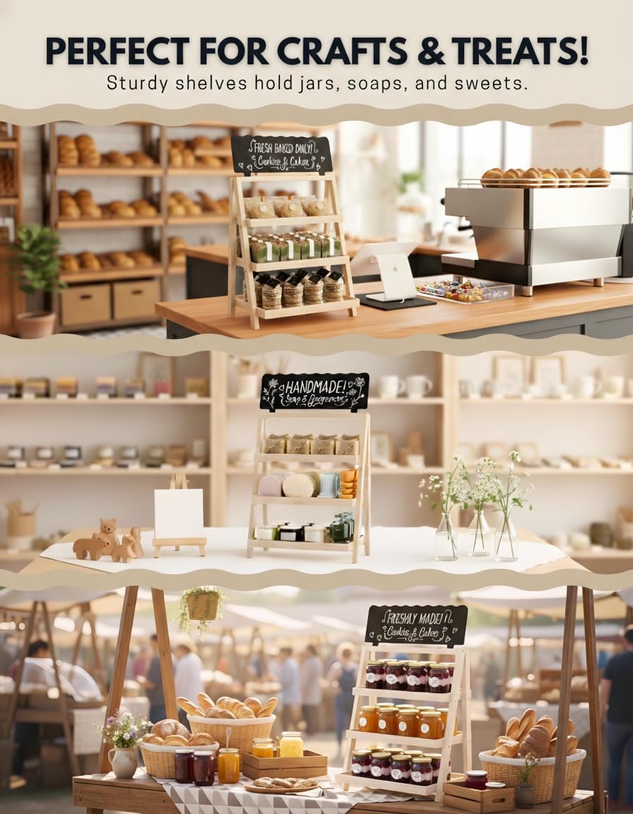 Cookie Display Stand for Bakers & Vendors - Foldable Wooden Cookie Stand with Chalkboard Sign for Market Booths, Craft Fairs & Events - Tiered Cookie Display for Cupcakes, Muffins & Pastries (Natural)