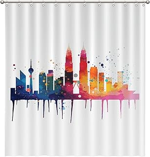 Yinrune Bathroom Shower Curtains 72x80in Malaysia Kuala Lumpur Colorful Ink City Skyline Silhouette Decorative Bathtub Curtain with Hook for Bathroom Bath Decor Waterproof Machine Washable
