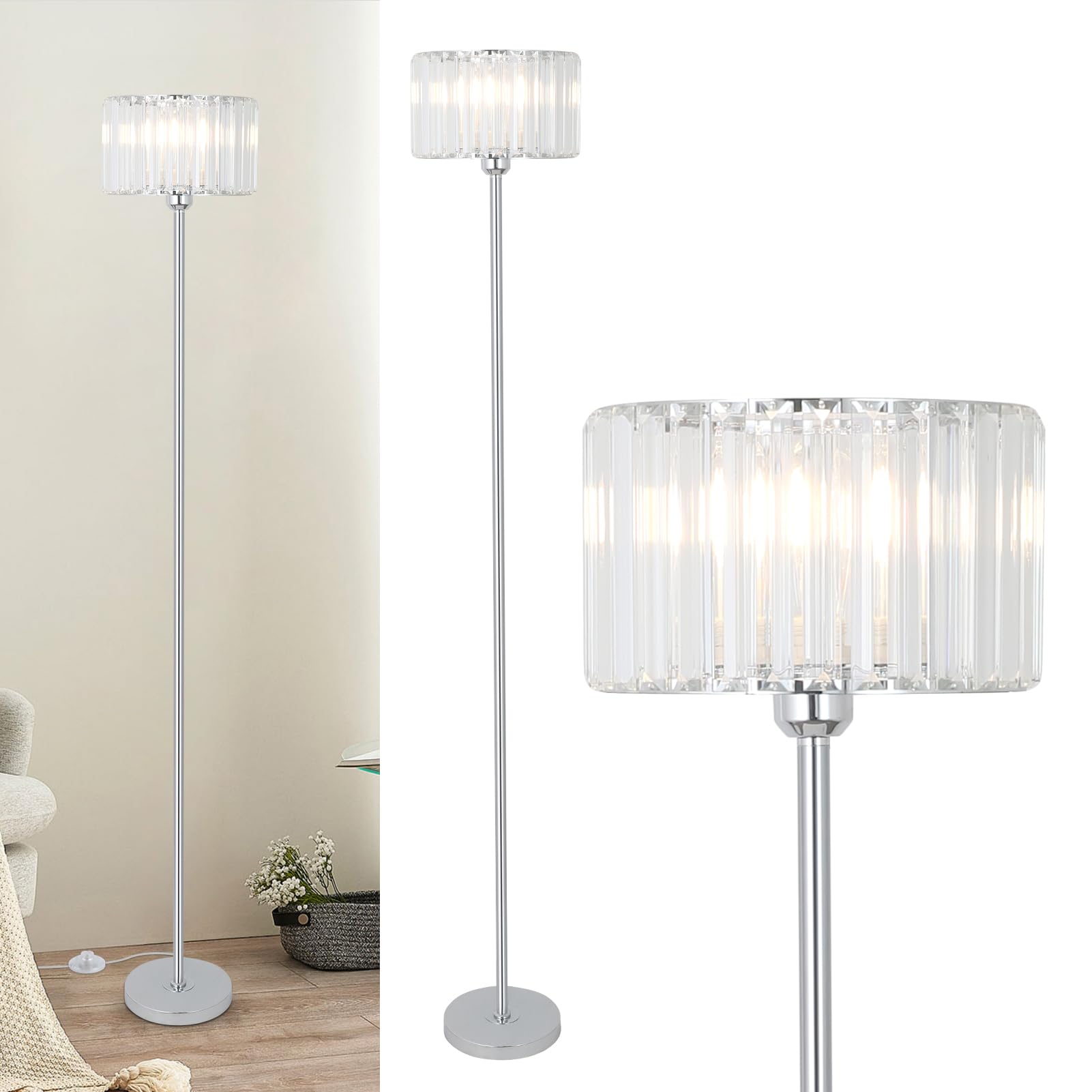 Rayofly Lámpara de Pie para Salón, Lámpara de Pie Moderna de Cristal con Pantalla de Vidrio, Lámpara de Piso de Cristal Plateada con Interruptor de Pie, Lamparón de Vidrio para Dormitorio, Oficina