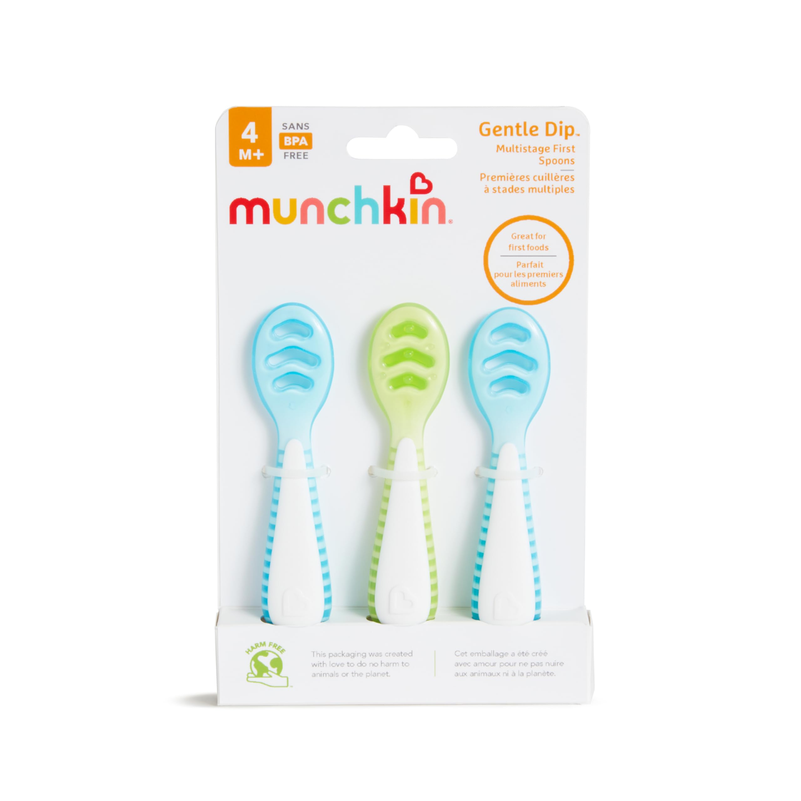 Munchkin Gentle Dip wielopoziomowa łyżeczka dla dzieci od 4 miesiąca życia | idealna dla niemowląt | ergonomiczny kształt | nie zawiera BPA | niebieska i zielona | 3 sztuki w opakowaniu