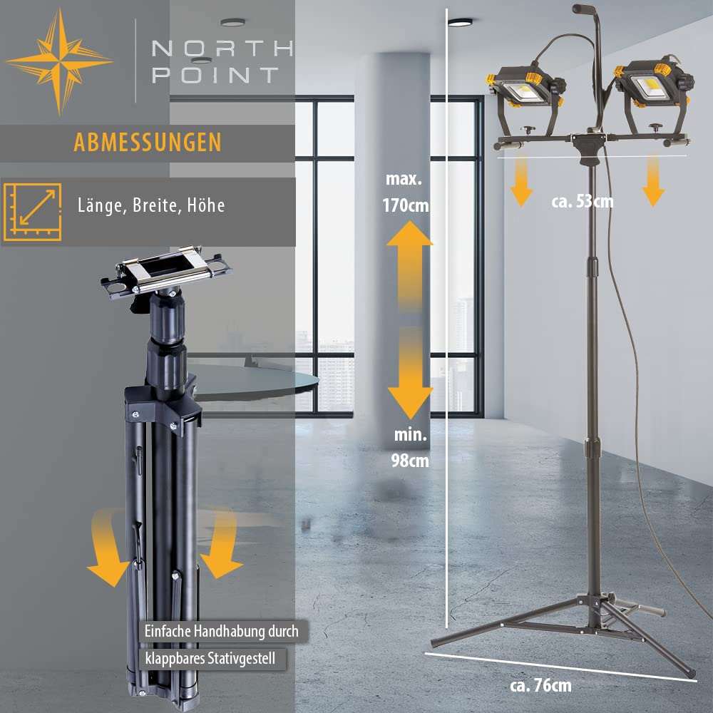 Northpoint Led-bouwspot met uittrekbaar Quick Release-statief 100 W 5 m netsnoer ca. 9000 lumen lichtopbrengst met schakelaar aan de achterkant en stopcontact dimbaar